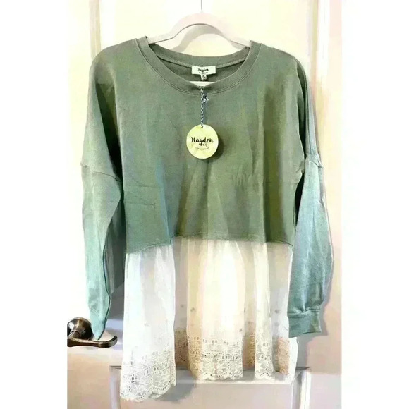 NWT Hayden Los Angeles Layered Cotton/Lace Sage Green Cream Size M Babydoll top - Picture 1 of 5
